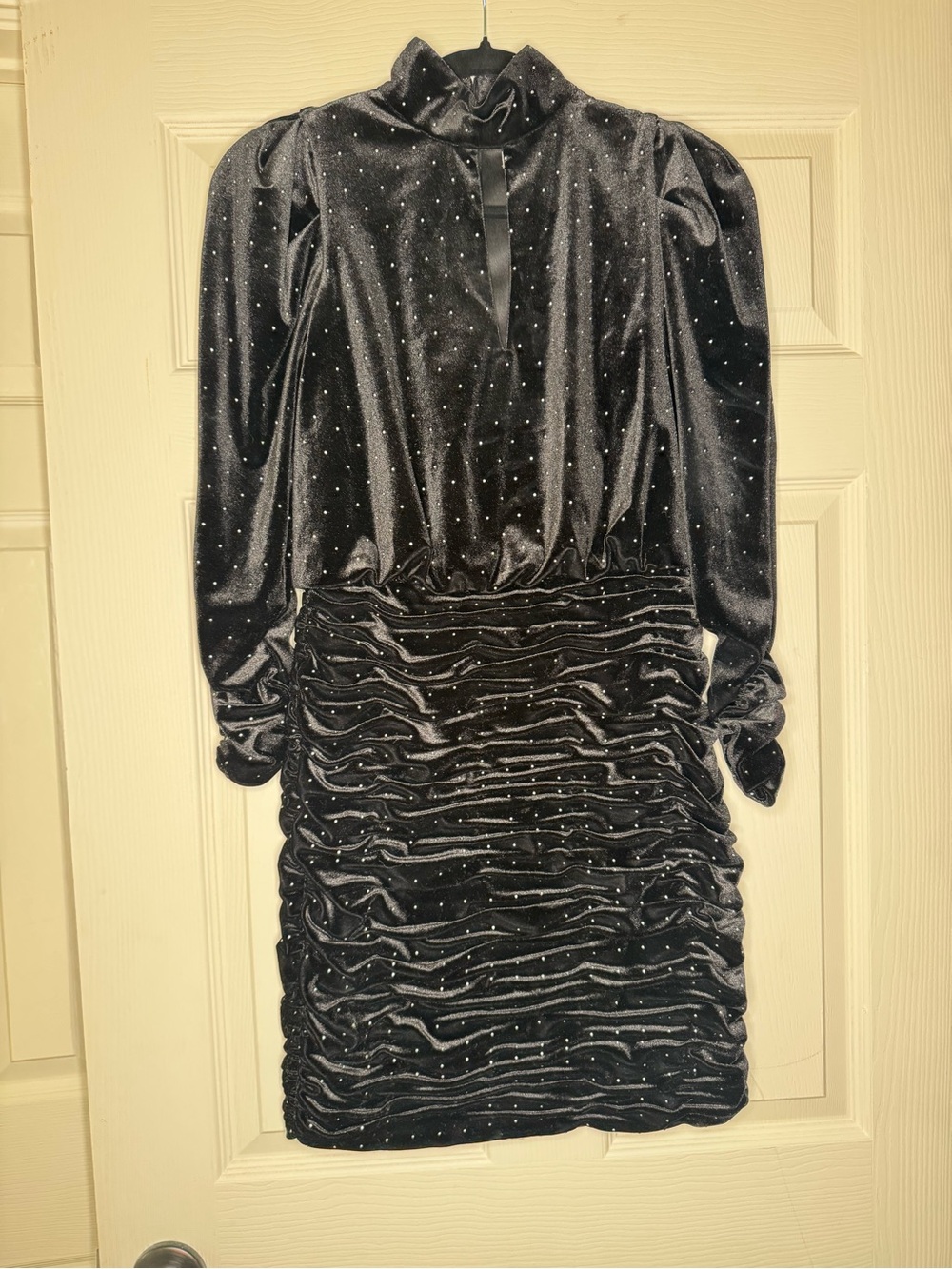 Monique Lhuillier Black Velvet Ruched Mini Dress with Sparkle Accents